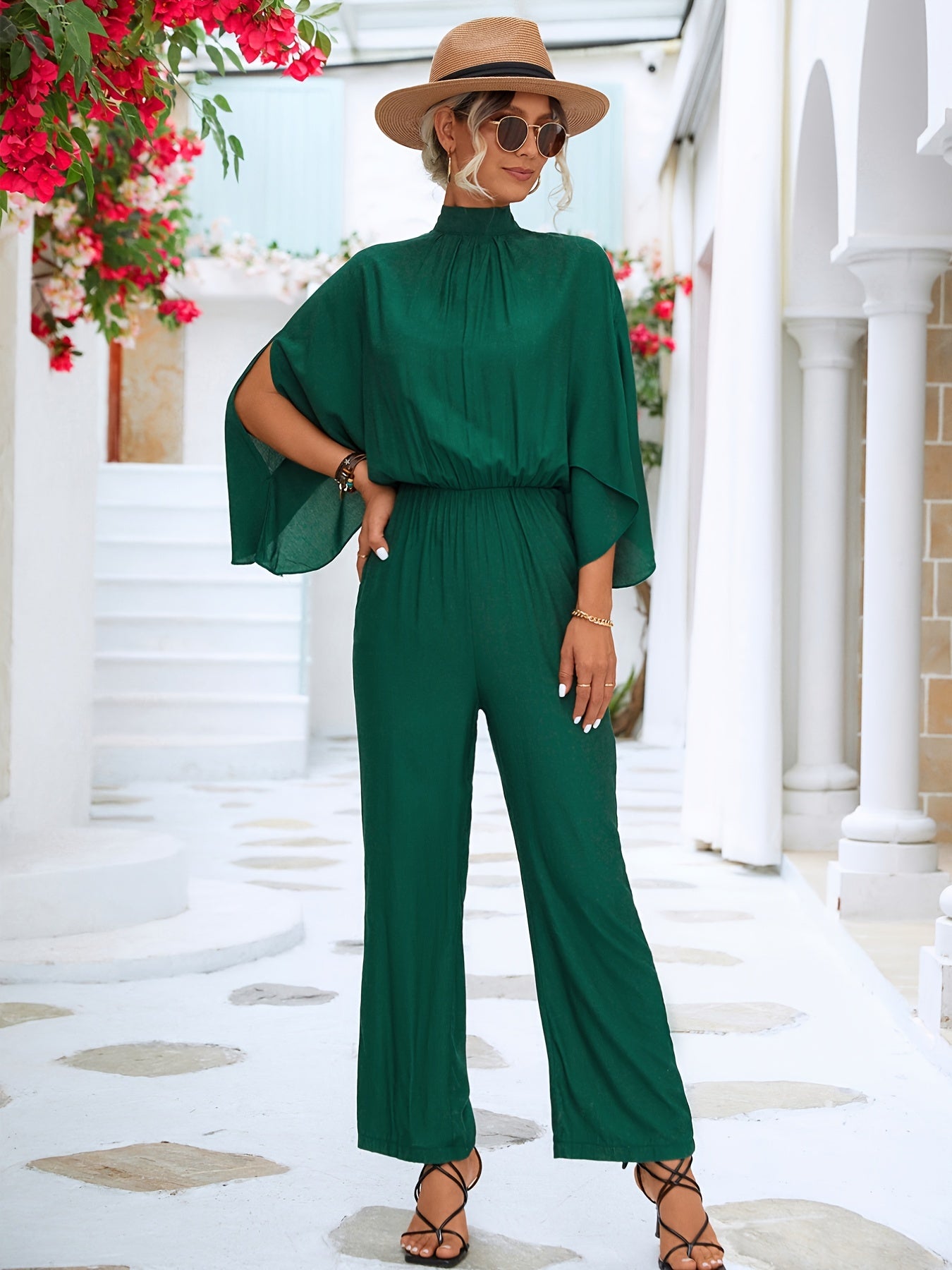 Stylish High Collar Loose Jumpsuit 3/4 Sleeve Casual Long Length