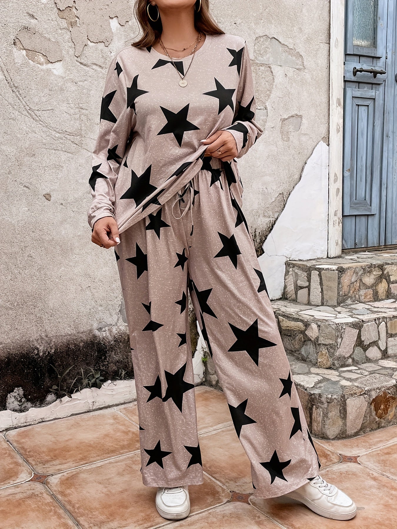 Star Print Top & Wide Leg Pants Set