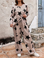 Star Print Top & Wide Leg Pants Set