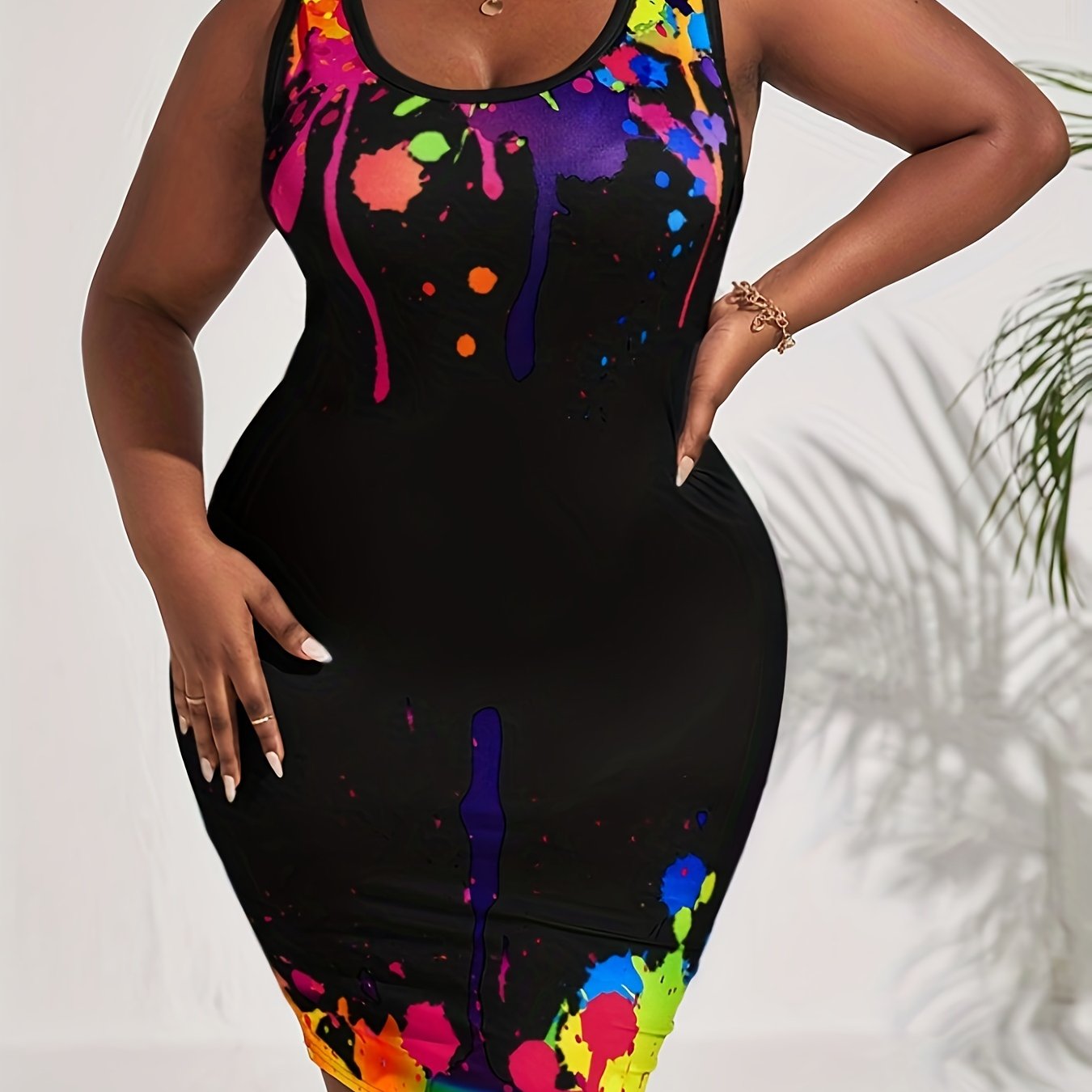 Women's Plus Splash Print Round Neck Medium Stretch Slim Fit Tank Dress