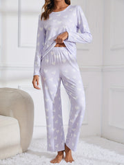 Heart Print Pajama Set Long Sleeve Top & Pants Women's Sleepwear