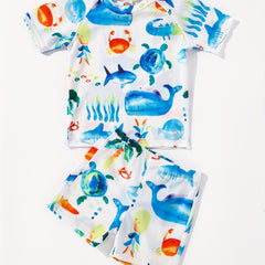 Boys Cartoon Whale Crab Sea Turtle Print Swimwear Set