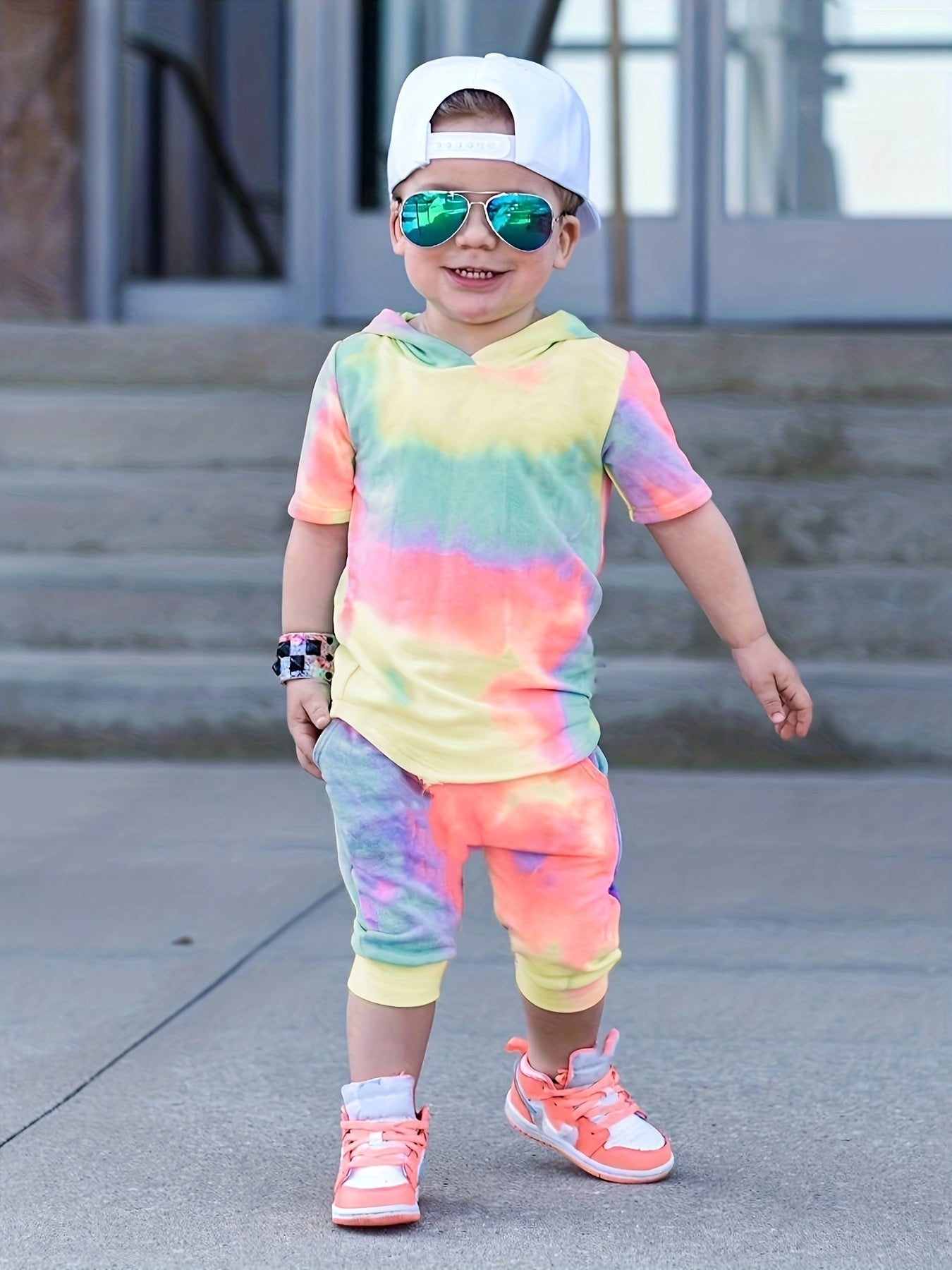 Boys Teen Tie Dye Hooded T-Shirt & Shorts Set for Summer
