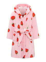 Girls Hooded Bathrobe Strawberry Pattern Flannel Soft Warm Pockets Belt Robe