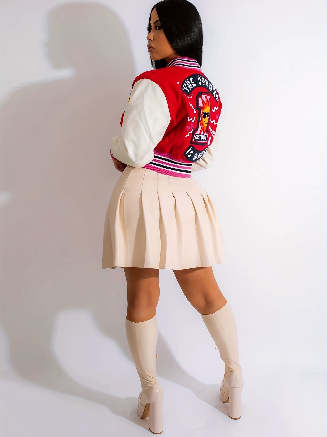 Graphic Print Splicing Jacket Street Wear Button Front Baseball Collar