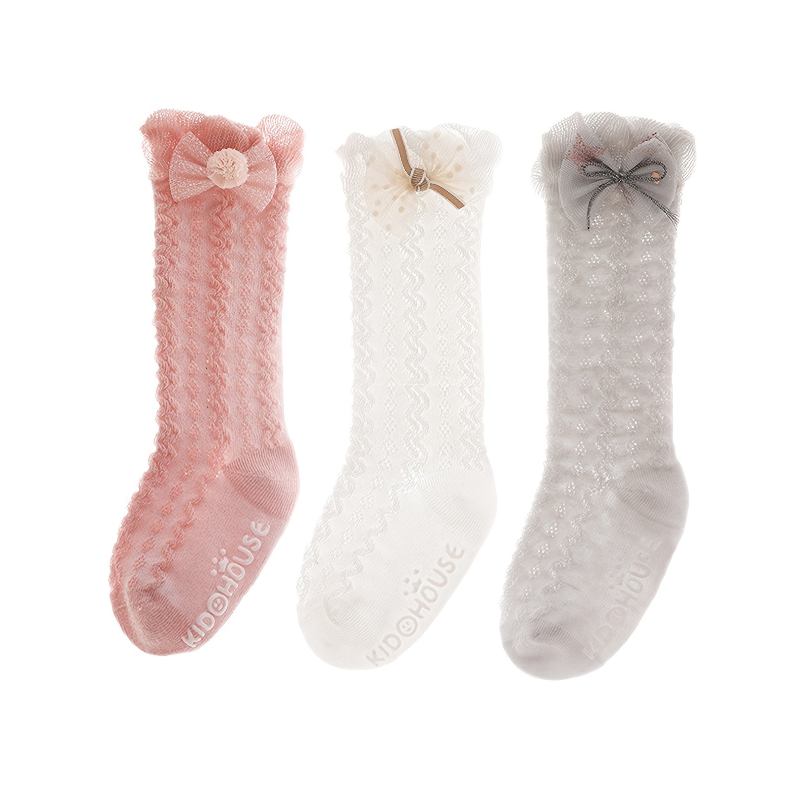 3 Pairs Baby Girls Non Slip Floor Socks Bow Ruffled Knee High Socks