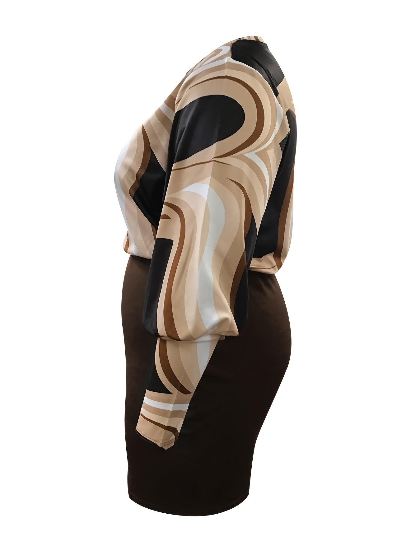 Women's Plus Colorblock Stripe Print Lantern Sleeve Round Neck Slim Fit Dress