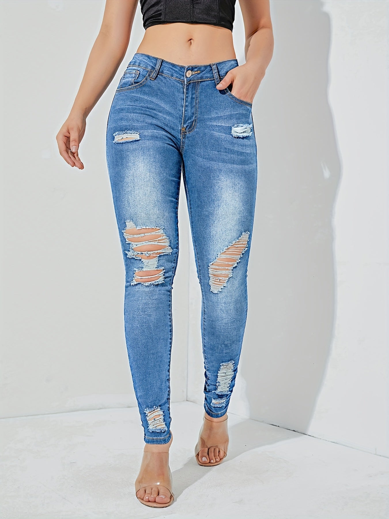 Stretchy High Waist Skinny Jeans with Distressed Slash Pockets