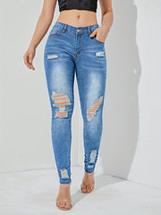 Stretchy High Waist Skinny Jeans with Distressed Slash Pockets