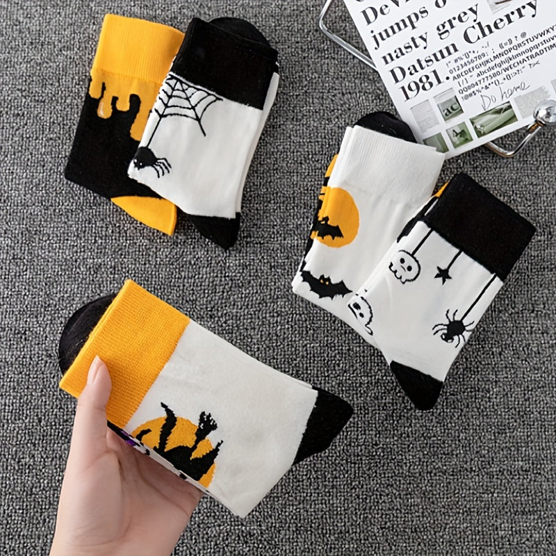 5 Pairs Skull & Bat Print Socks Halloween Crew Socks Women's Stockings