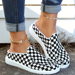 Women's Checkerboard Pattern Mules Slip On Platform Flat Shoes