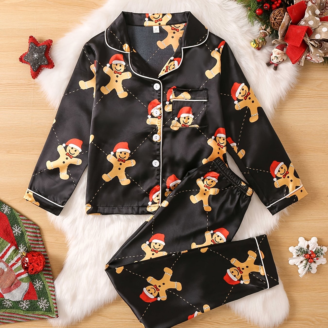 Kids Bear Pattern Satin Lounge Wear Top & Pants Set for Christmas