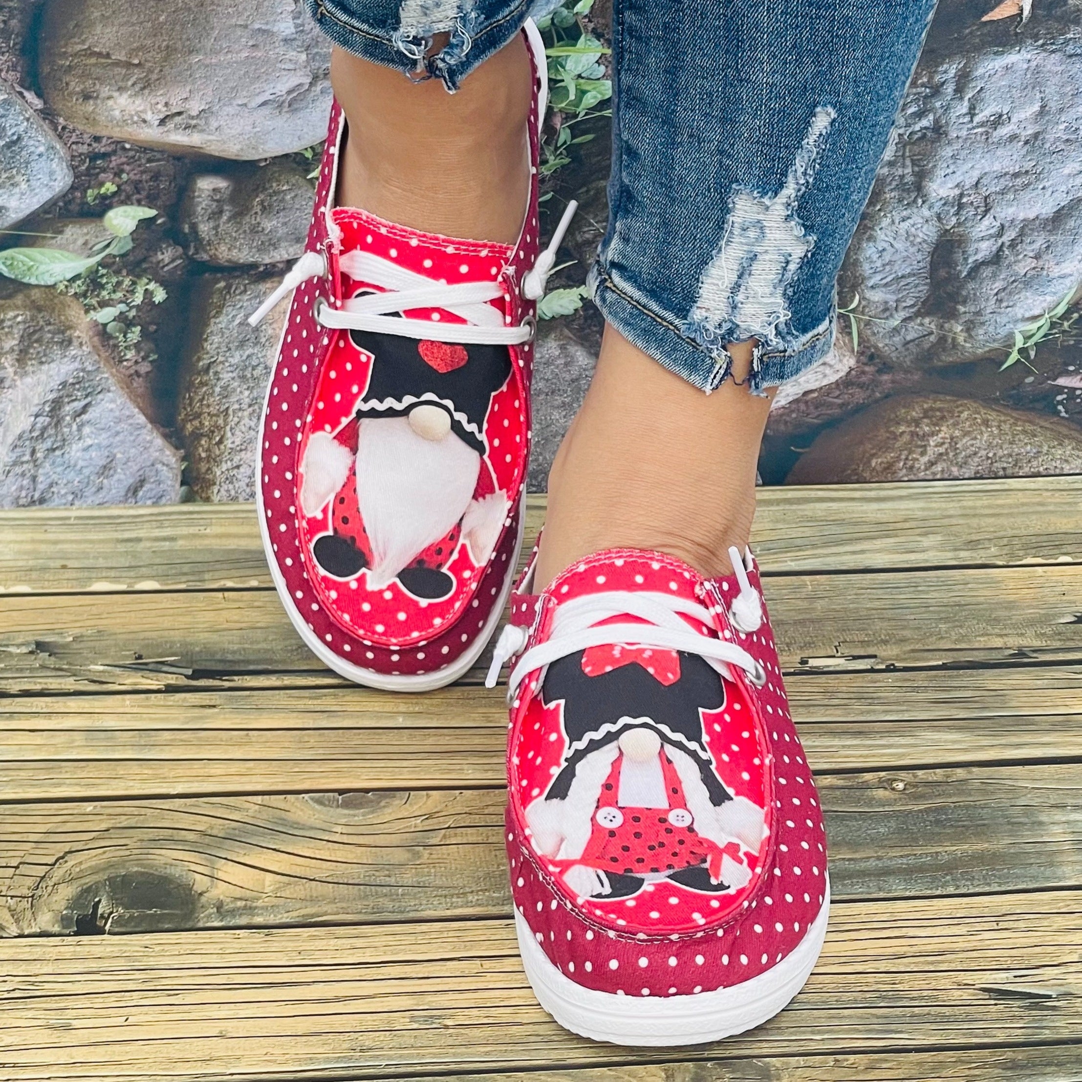 Red Polka Dot Couple Dwarf Flat Sports Shoes for Women