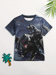 Boy's Dino Print T-shirt Active Stretch Short Sleeve Tee Kid's Clothing