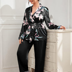 Satin Floral Print Pajama Set Women's Plus Loungewear 2pcs