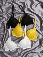 3pcs Contrast Lace Push Up Bras Front Buckle