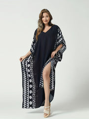 Boho Floral Print Thigh Split Cover Up Swimsuit V Neck Loose Kaftan
