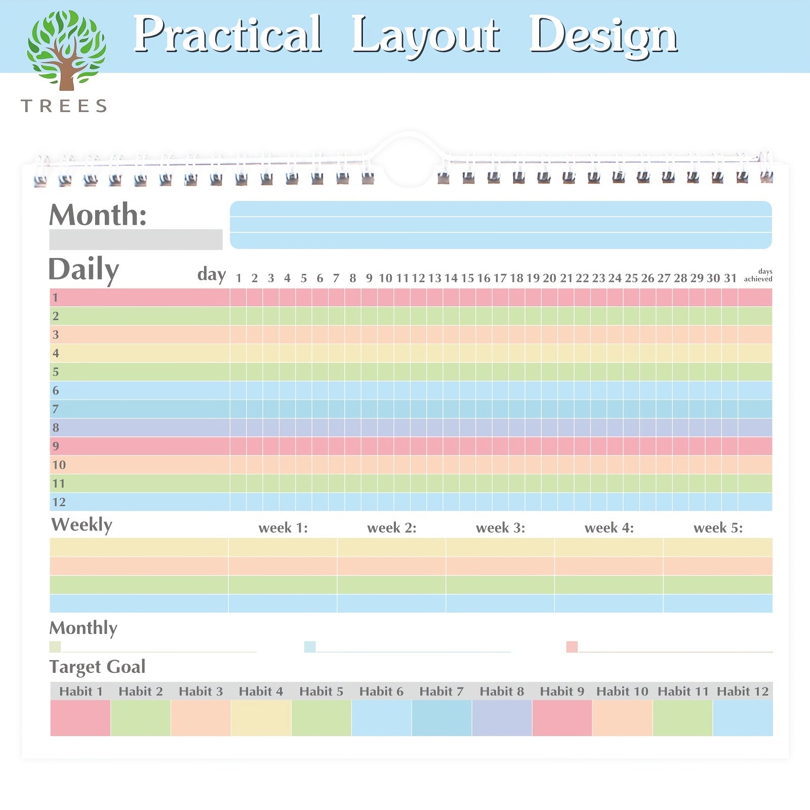 Trees Habit Tracker Wall Calendar & Journal Spiral Binding 10.8 Inches