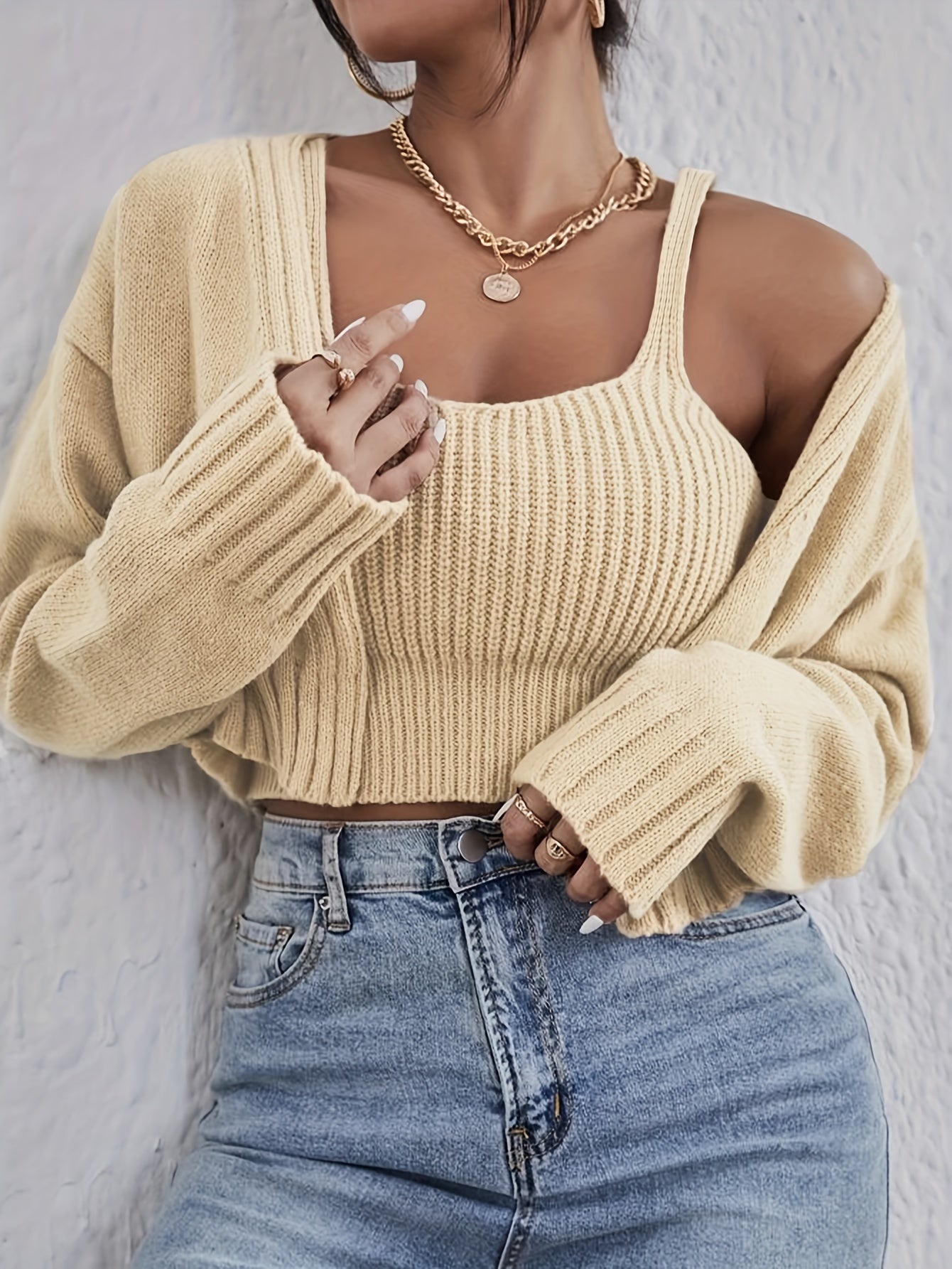 Solid Two-piece Set Open Front Cardigan & Knitted Crop Top