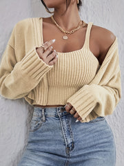 Solid Two-piece Set Open Front Cardigan & Knitted Crop Top