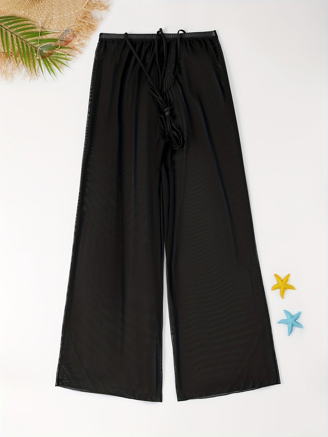 Mesh Cover Up Pants Tie Shoulders Elastic Waist Solid Maxi Beach Coverup