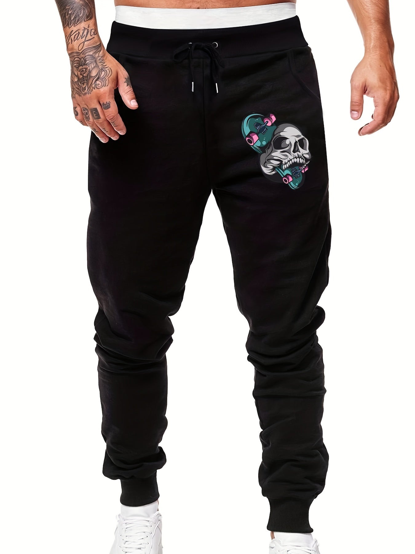 Skull & Skateboard Print Sports Pants - Drawstring Joggers
