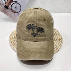 Coconut Tree Embroidered Baseball Cap Distressed Dad Hat