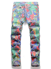 Slim Fit All Over Print Jeans Casual Street Style Denim Pants