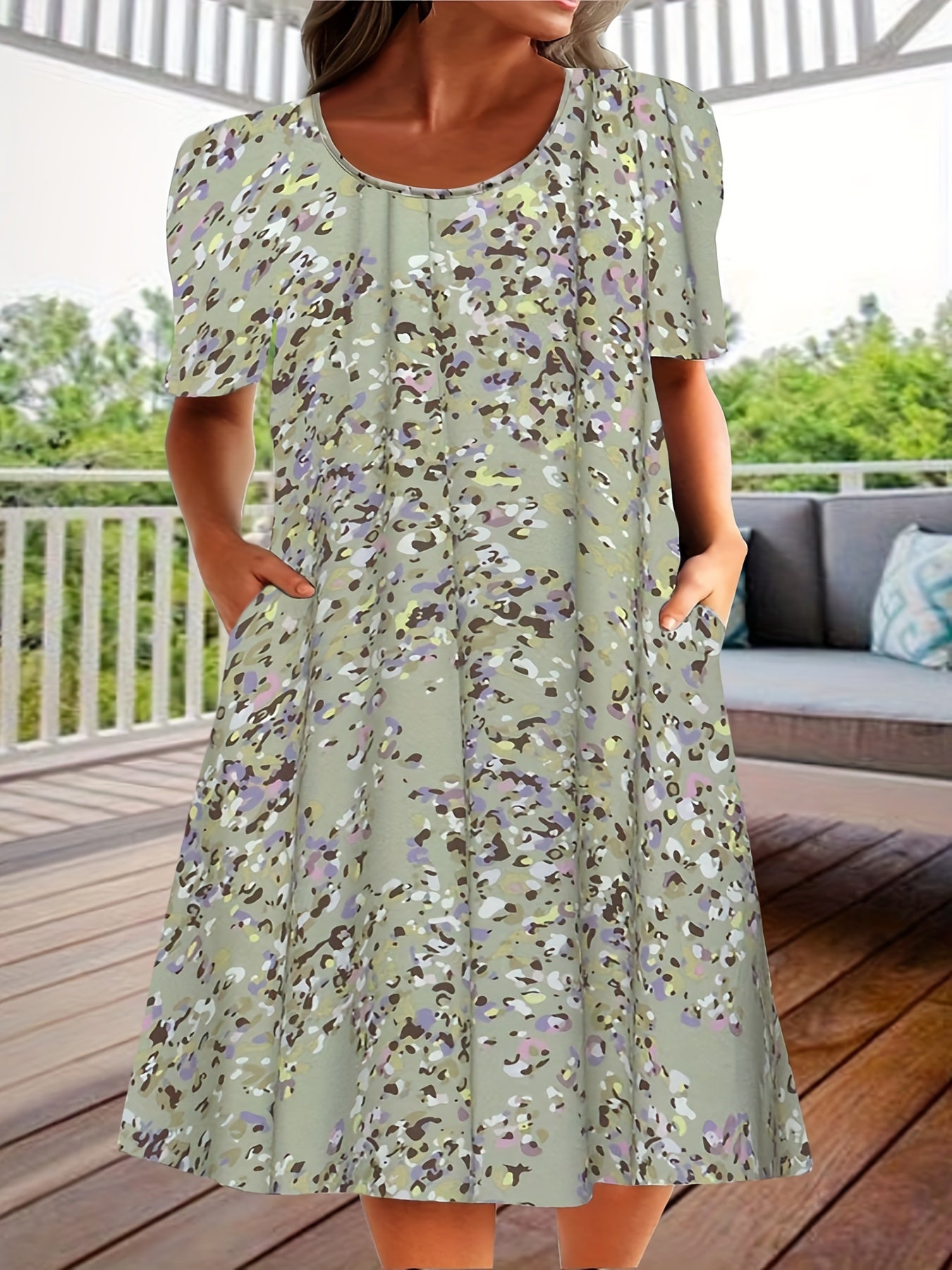 Women's Plus Camo Print Short Sleeve Tee Dress With Pockets