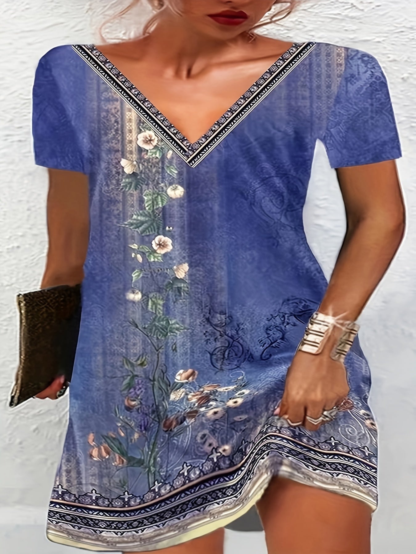 Floral Print V Neck Short Sleeve Dress