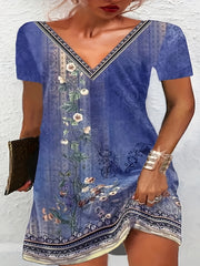 Floral Print V Neck Short Sleeve Dress