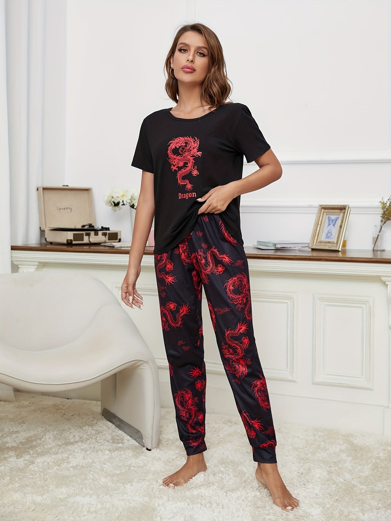Dragon Print Pajama Set Short Sleeve Crew Neck Top & Elastic Waistband Pants