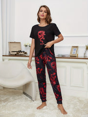 Dragon Print Pajama Set Short Sleeve Crew Neck Top & Elastic Waistband Pants