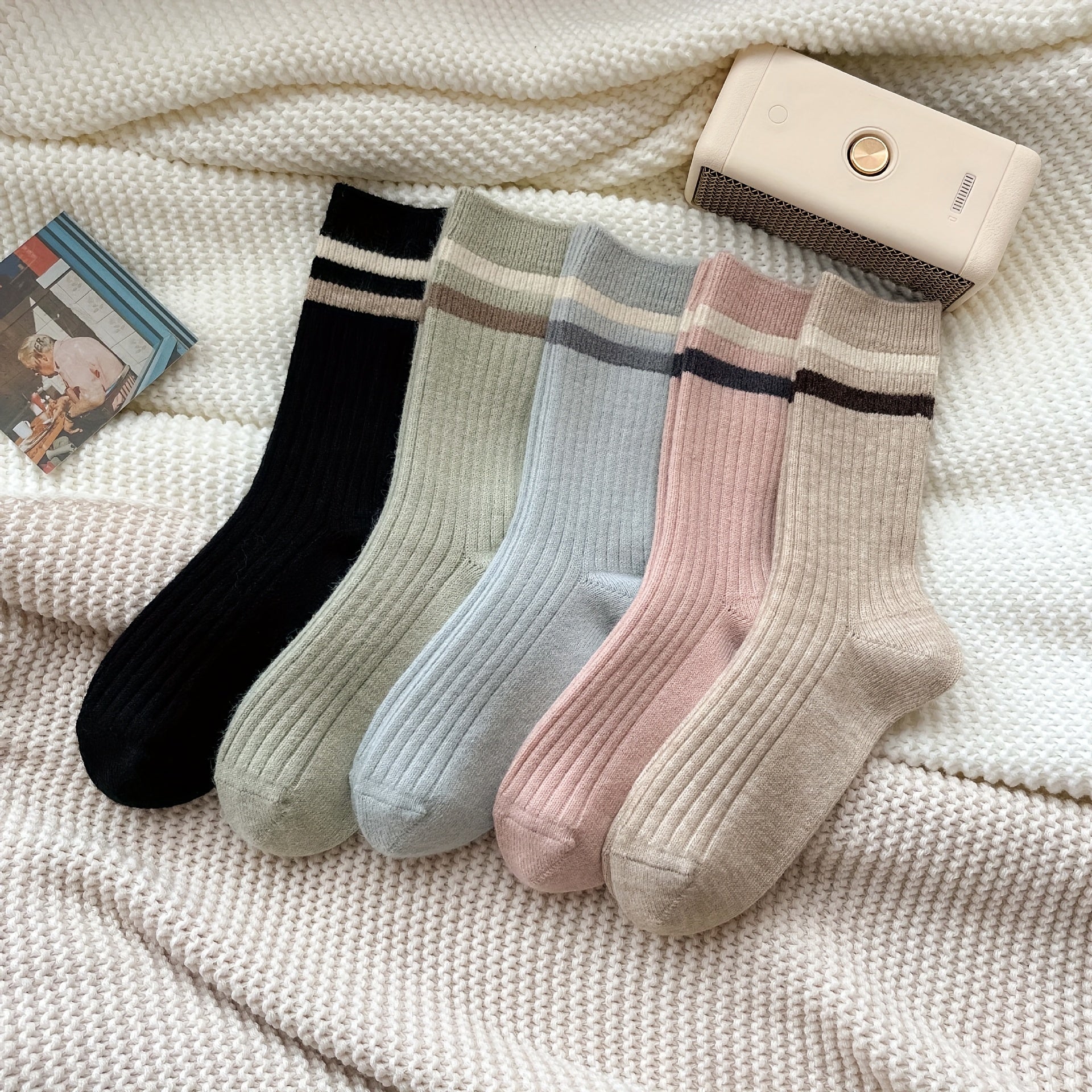 5 Pairs Striped Crew Socks Warm College Style Stockings