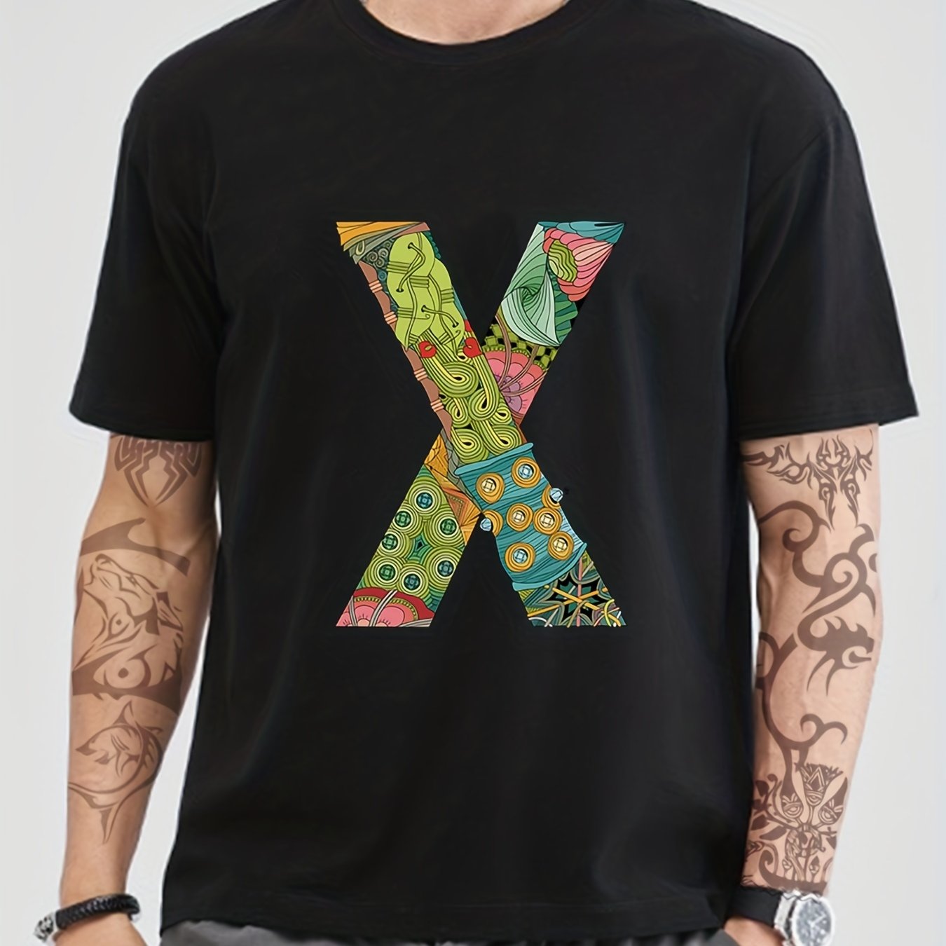 X Print Men's Graphic Crew Neck T-shirt for Summer Casual Comfy Tee