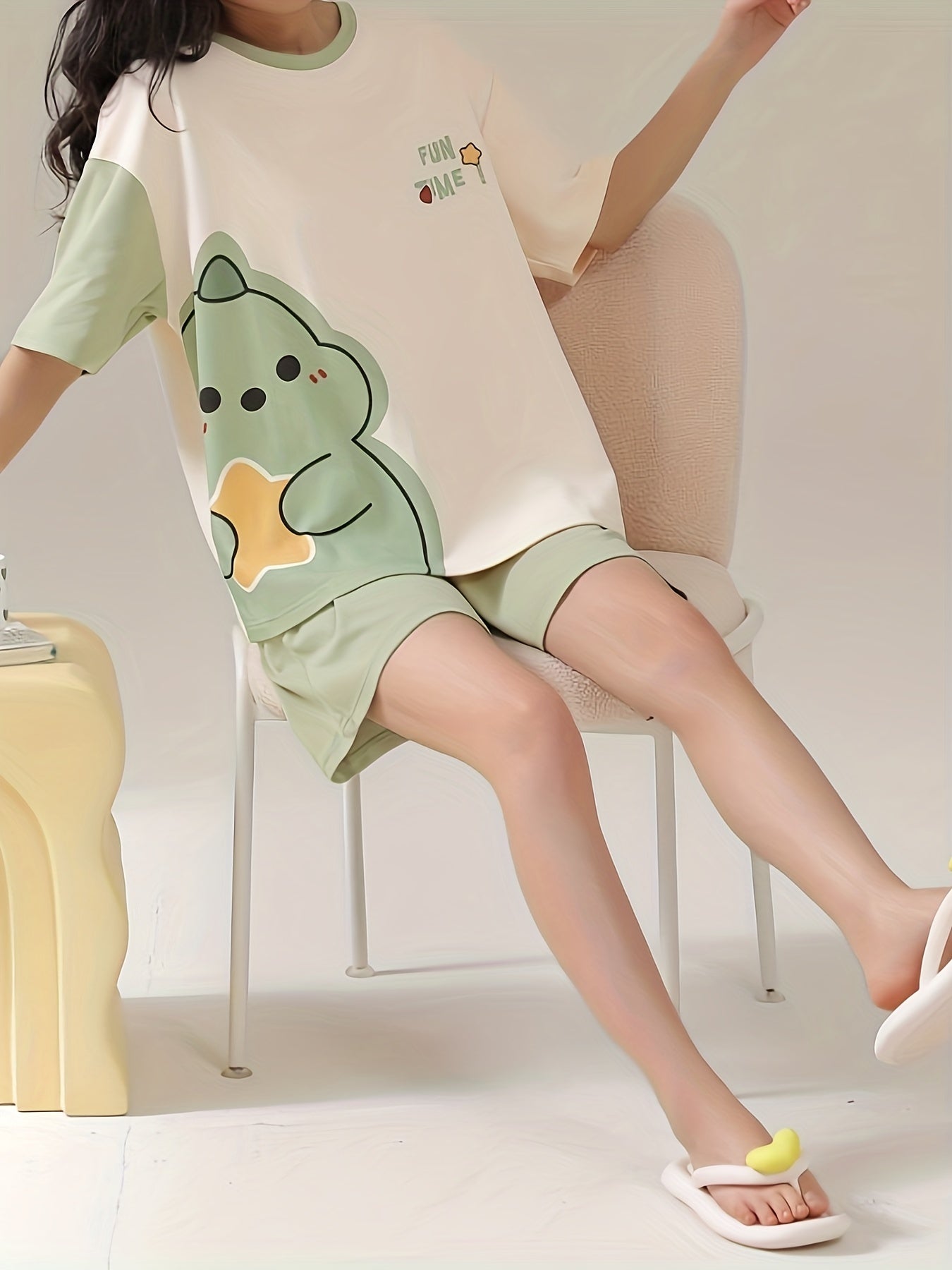 Cartoon Print Pajama Set Short Sleeve Top & Shorts