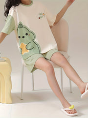 Cartoon Print Pajama Set Short Sleeve Top & Shorts