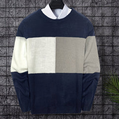 Knitted Block Sweater Men's Casual Warm Crew Neck Pullover