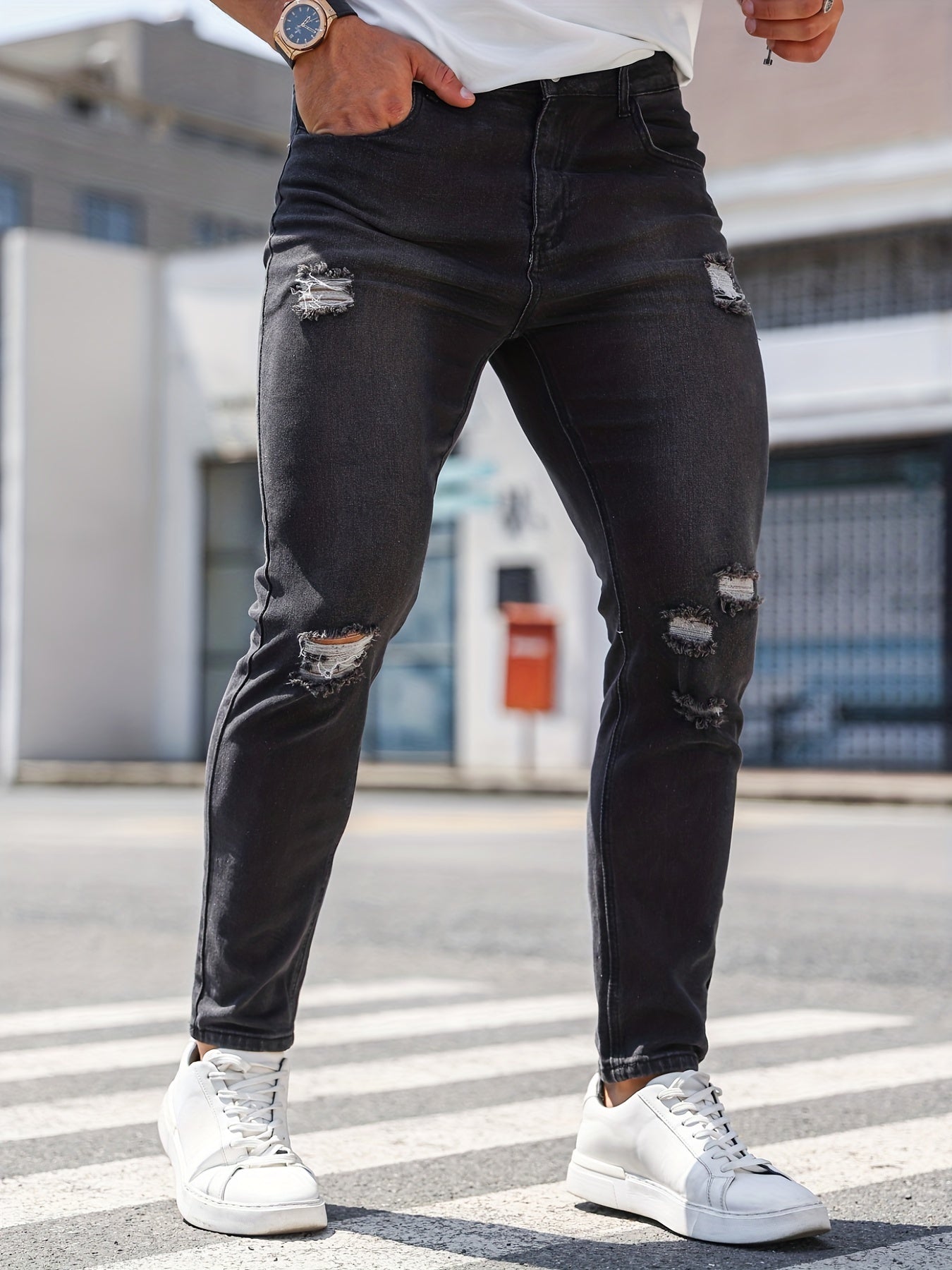 Slim Fit Ripped Jeans Men's Distressed Mid Stretch Denim Pants