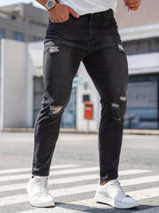 Slim Fit Ripped Jeans Men's Distressed Mid Stretch Denim Pants