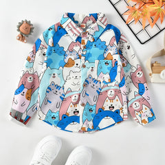 Cartoon Kitty Allover Collared Long Sleeve Shirt for Kids