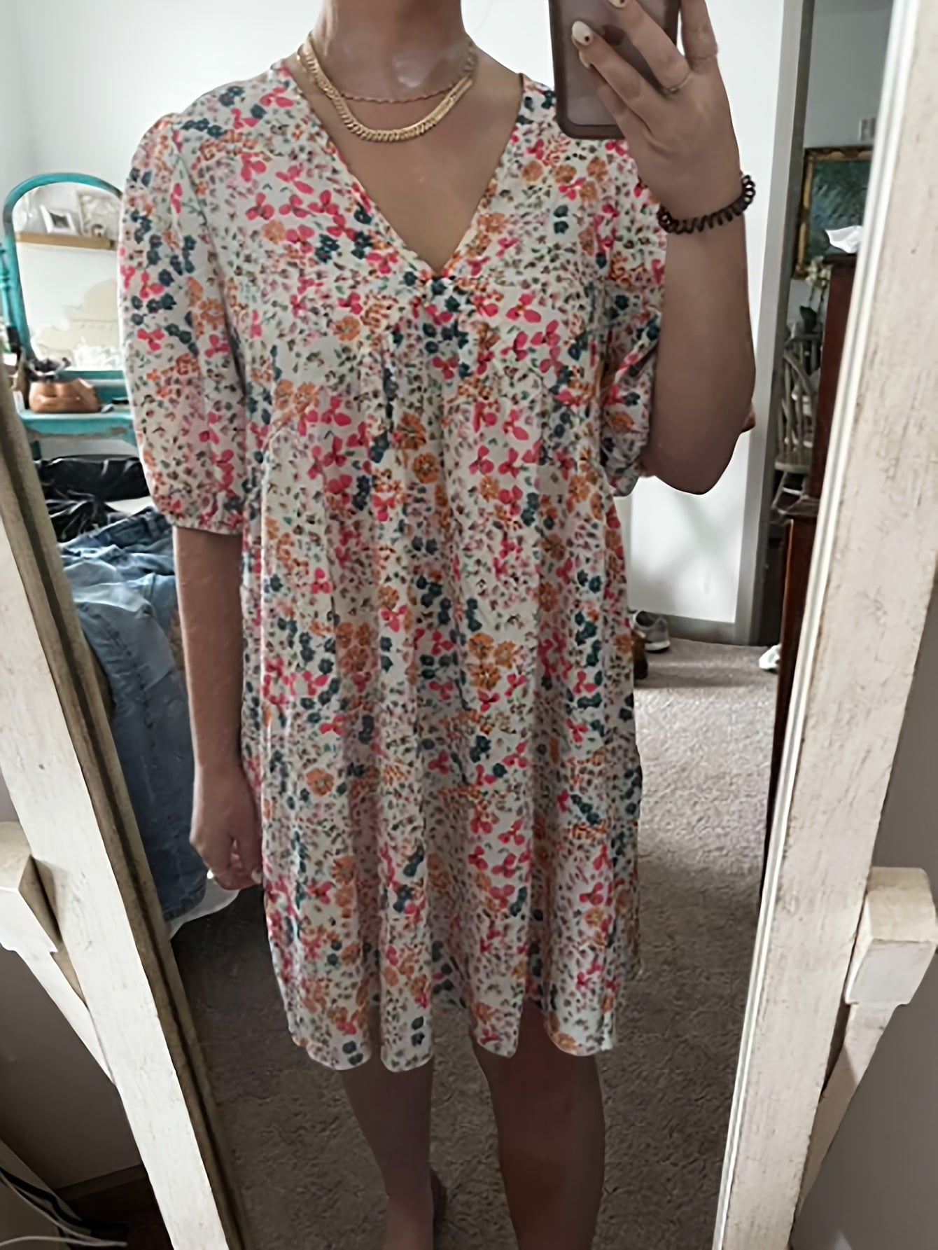 Floral Print V Neck Dress Lantern Sleeve Mini Dress