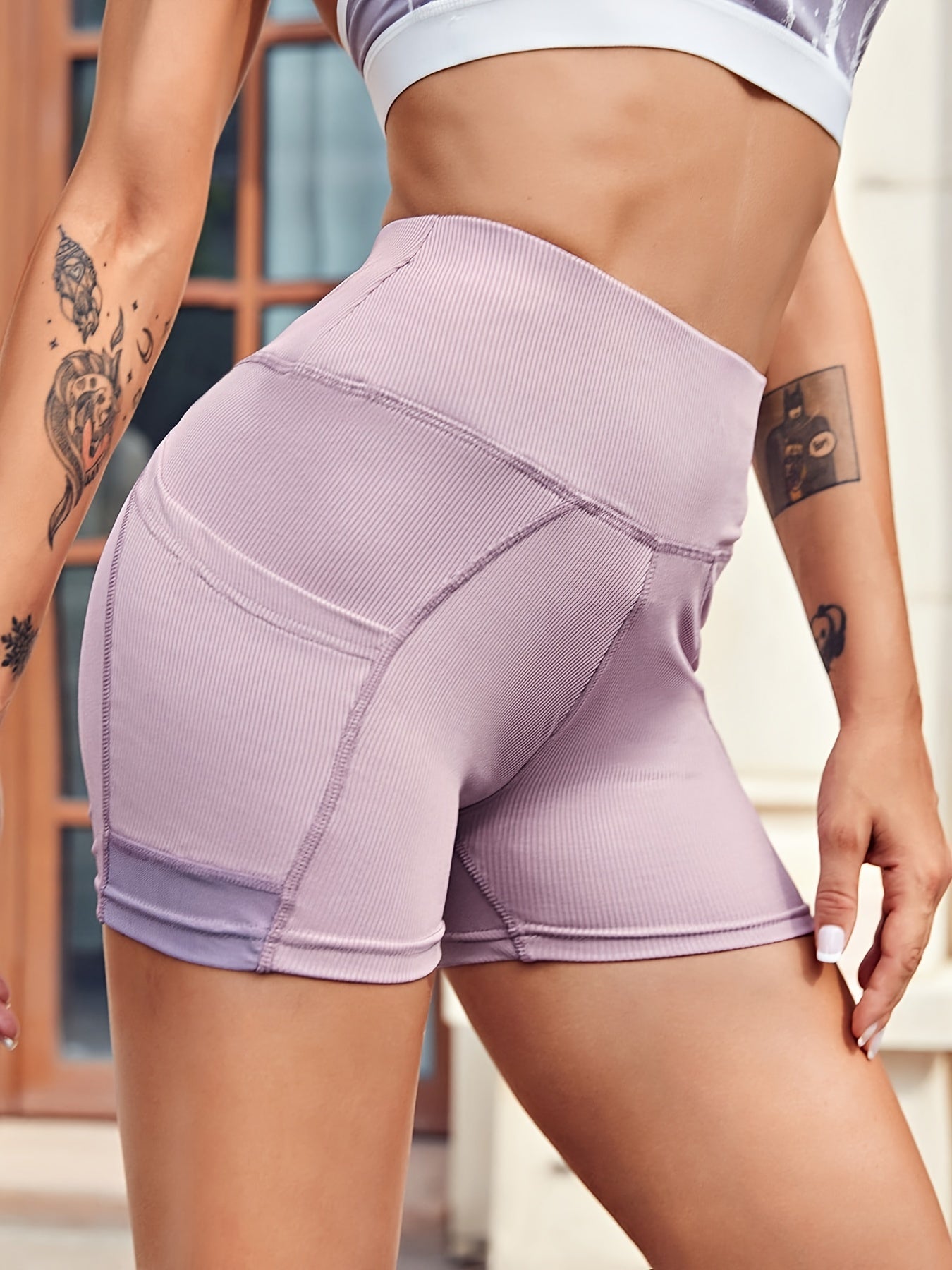 Ribbed High Waist Leggings with Pocket, Hip Lifting Slim Fit Yoga Shorts