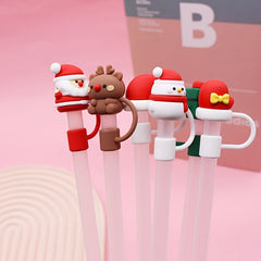 6pcs Christmas Straw Cap Reusable Silicone Straw Cover Cartoon Party Cup Decor
