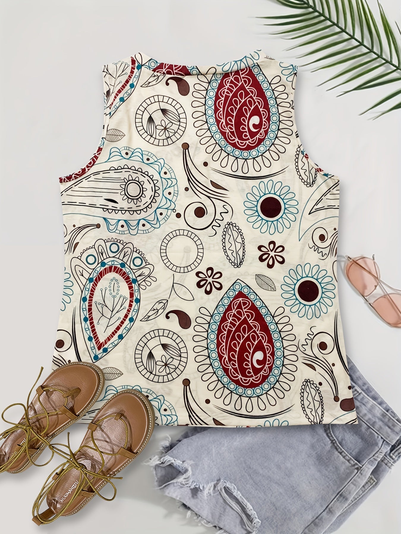 Casual Tank Top Women's Plus Random Print V Neck Slight Stretch