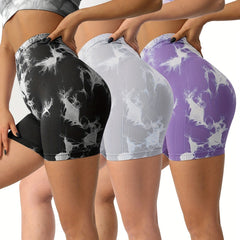 3 Pcs Women's Tie Dye High Waist Sports Shorts for Yoga