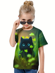 Girls Boys 3D Cat & Shamrock Graphic Tee Top