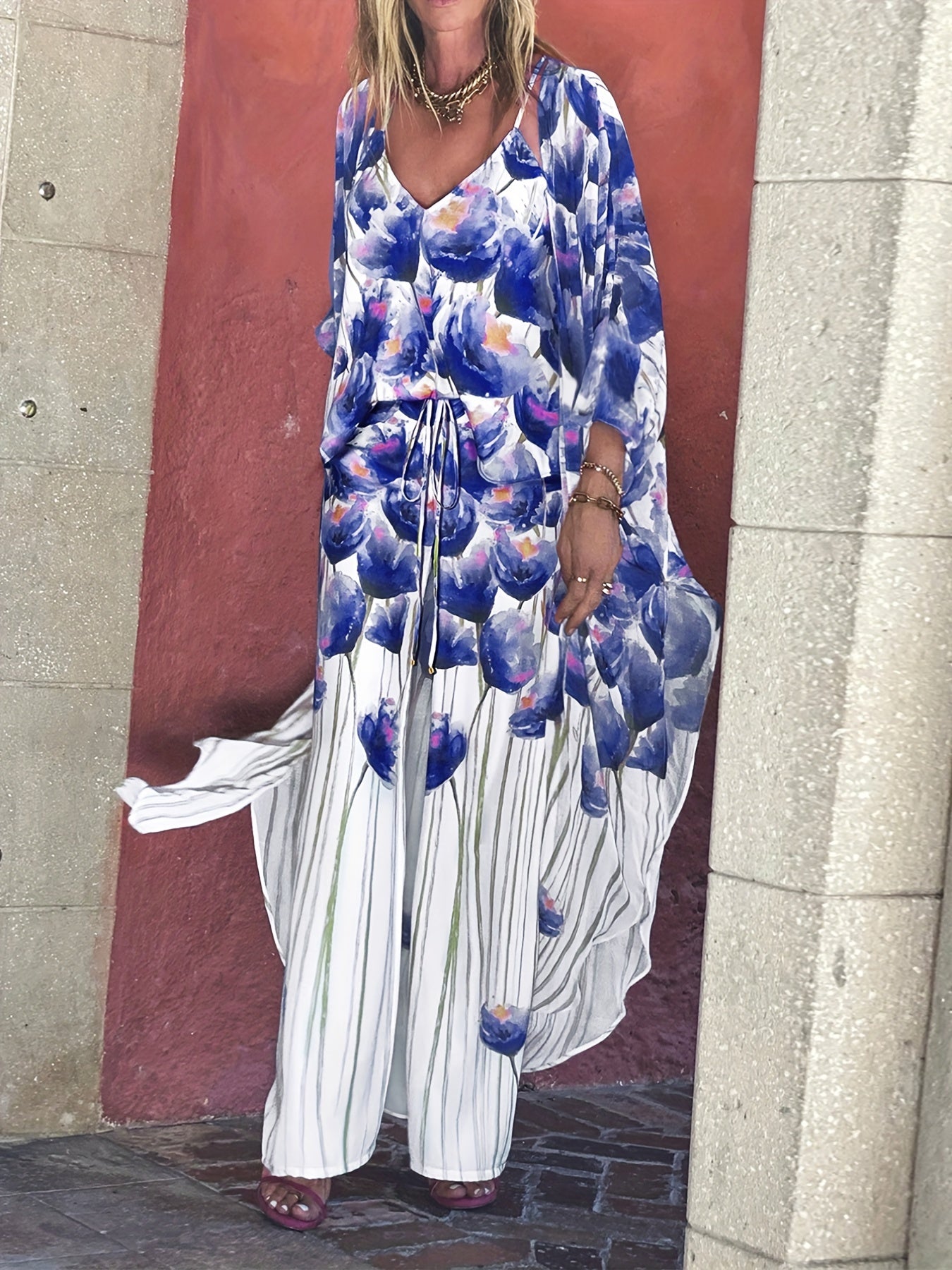 Floral Swimsuit Set with Sheer Cover Up Shirt & Trouser