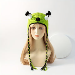 Big Eye Beanie Green Knit Hat Long Tassel Warm Lightweight Y2K Skull Hats Women