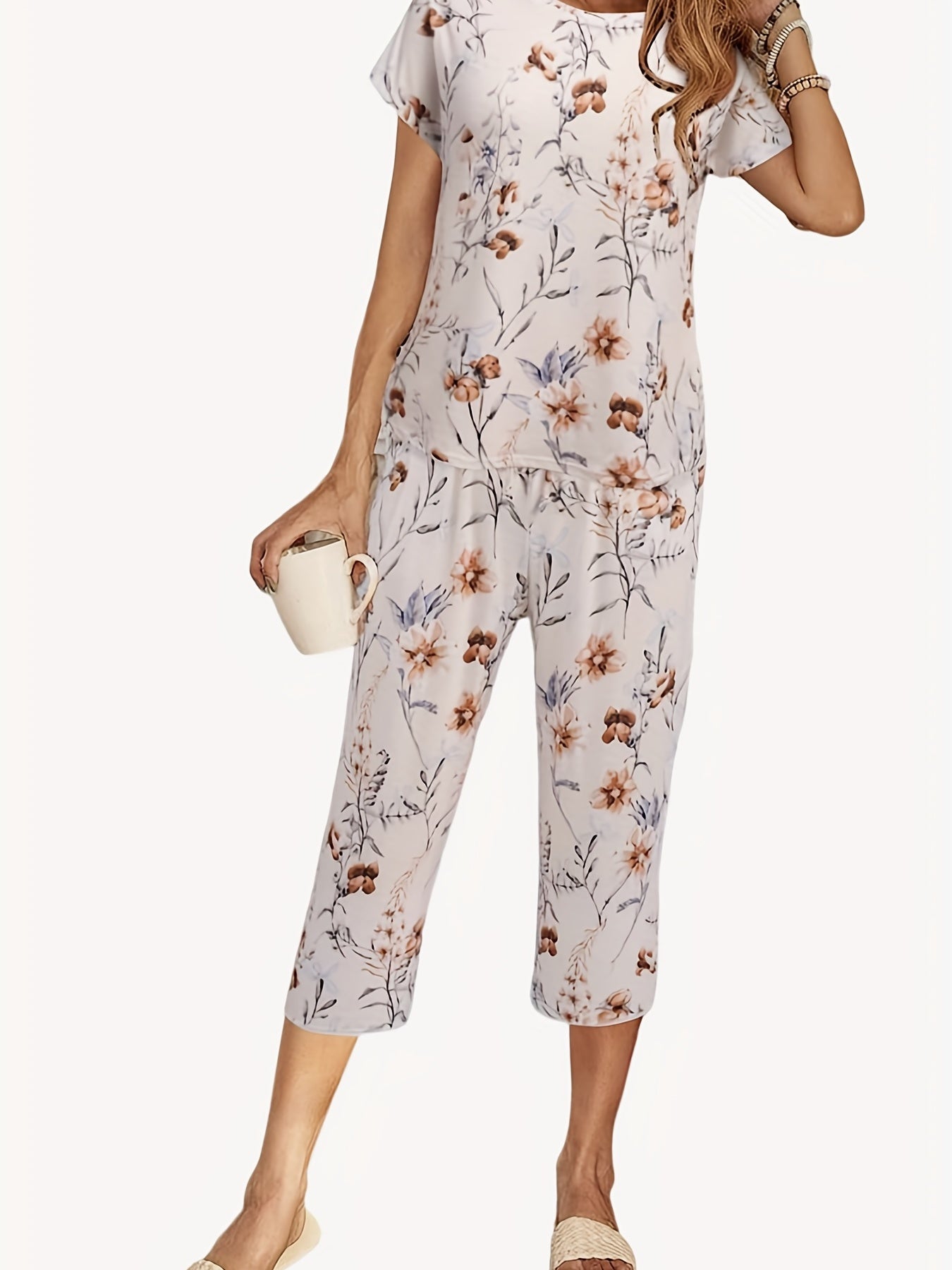 Floral Print Short Sleeve Pajama Set for Women